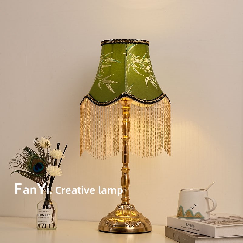 法式复古流苏台灯竹m青绿卧室床头氛围灯北欧书房客厅高级感装饰