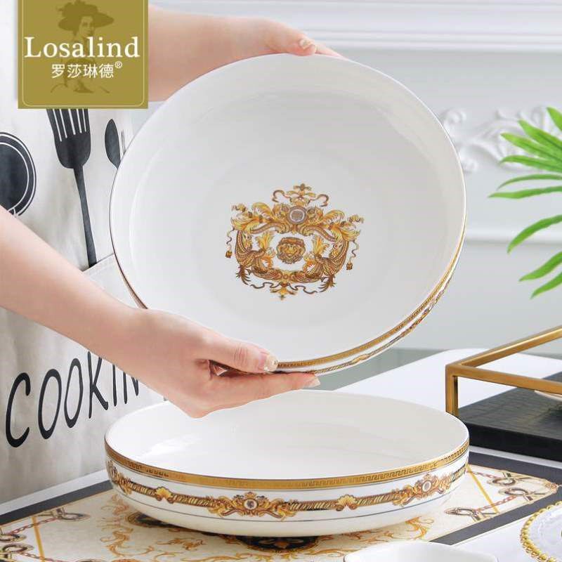 餐具汤菜盘10英寸盘子骨瓷金边欧式窝盘家用微波炉大深深口汤盘
