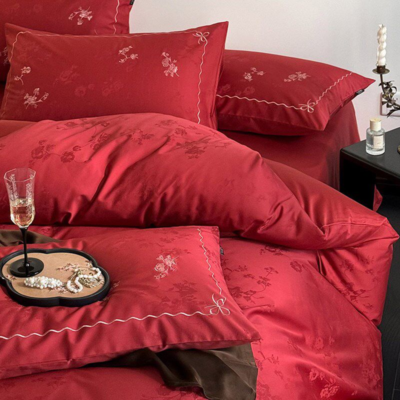 浪漫婚庆60S全棉提花四件套新婚红色金线刺绣被套床上用品结婚