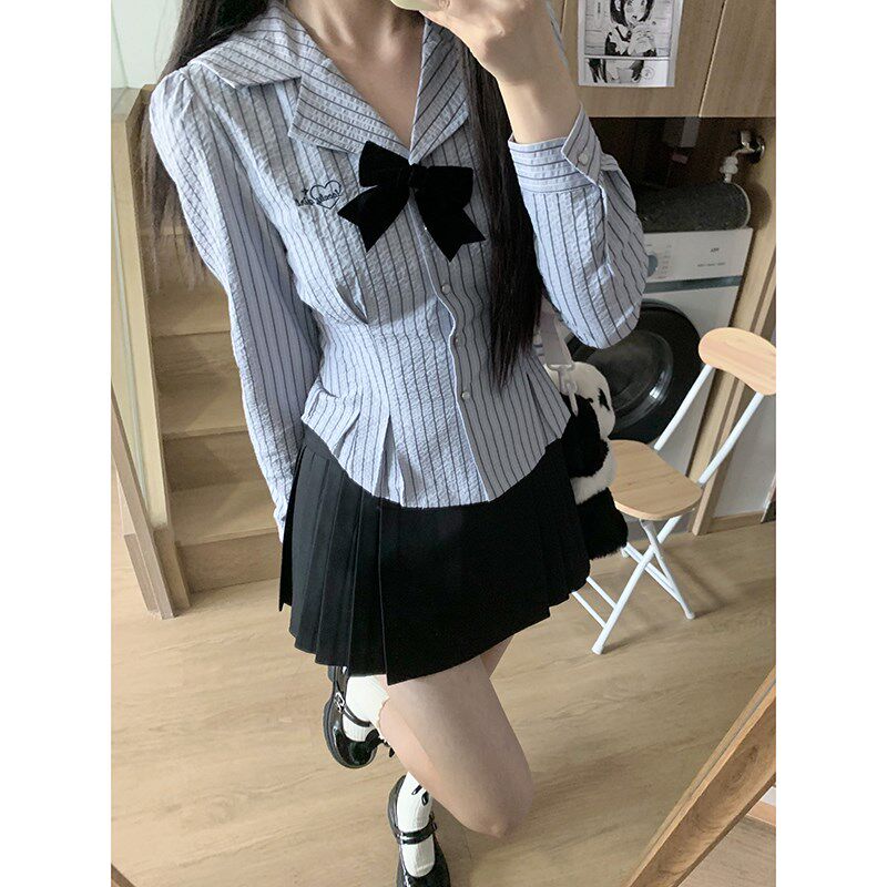 东京岁时记jk制服长袖衬衣春游会蓝色条纹衬衫女S时尚百搭收腰显