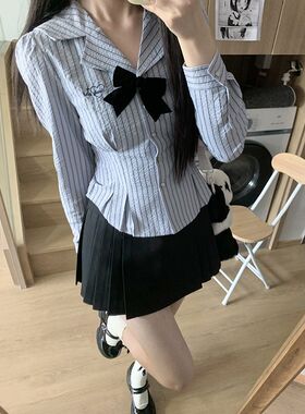 东京岁时记jk制服长袖衬衣春游会蓝色条纹衬衫女S时尚百搭收腰显