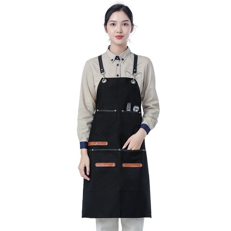 咖啡师餐饮牛仔围裙定制logo印字女美甲店男木工手作皮背带工作服
