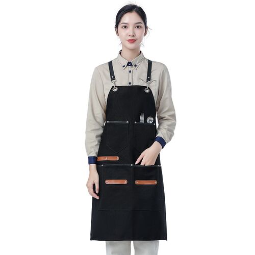 咖啡师餐饮牛仔围裙定制logo印字女美甲店男木工手作皮背带工作服