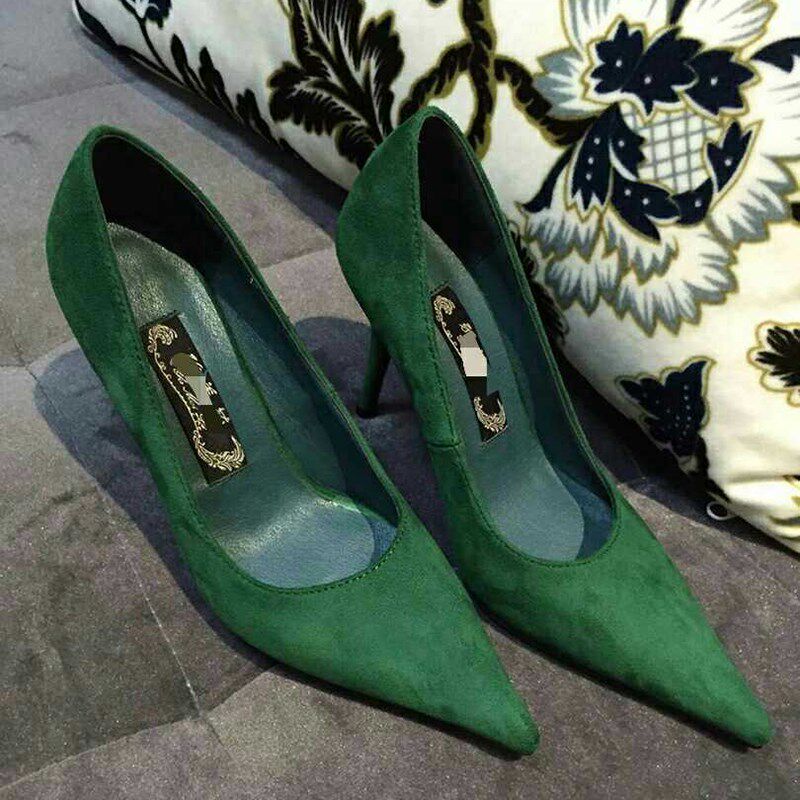 法式尖头高跟f鞋女细跟春秋绒面黑色10cm网红仙女伴娘时尚浅口单