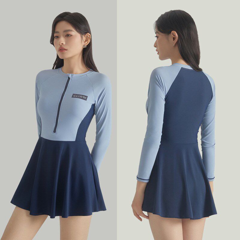2024年新款亲子游泳衣蓝色长袖裙式连体运动成人女全尺码泳装批