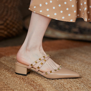 2021年夏季新款包头拖鞋外穿时尚半拖粗跟中跟凉拖鞋大码41女鞋43