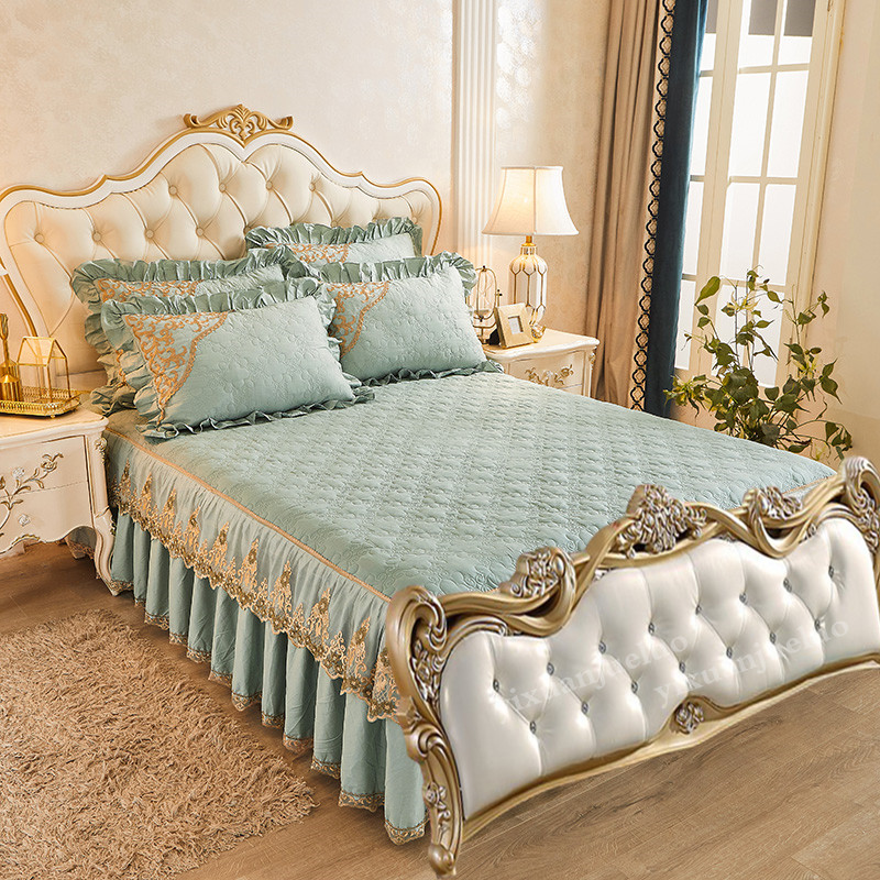 欧式全棉无床尾蕾丝床裙夹棉加厚单件床罩两侧花边纯棉床单床套