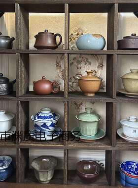 2I复古茶具博古架壁挂装饰架上墙多宝阁茶壶茶杯收纳格子挂墙置物