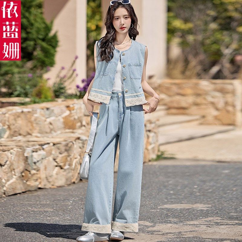 高级感减龄牛仔套装女2r025夏季新款时尚蕾丝拼接马甲阔腿裤两件