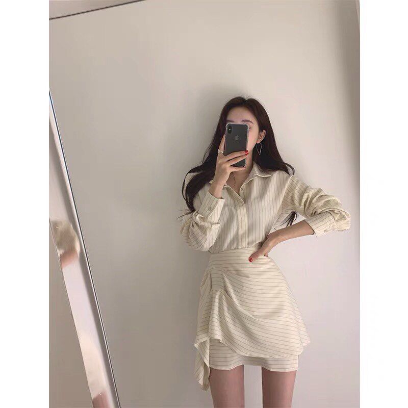 三小姐的咖啡网红套装裙2025款女神范秋J季两件套显瘦条纹衬衫套