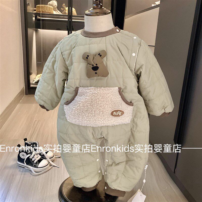 韩版宝宝冬季连体衣婴儿加绒加厚保暖外出服时尚洋气周岁爬服哈衣