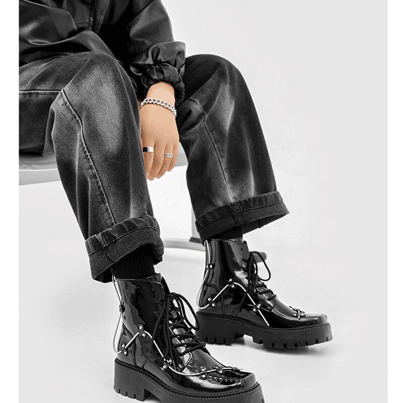 亮面方头高街弹簧k马丁靴男生高级感厚底增高机能英伦风机车高筒