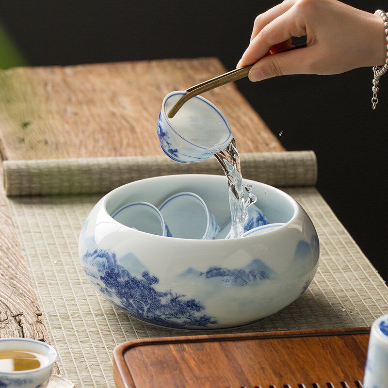 陶瓷大号茶洗缸手绘青花瓷功夫茶具配件洗M茶碗茶道零配笔洗水盂