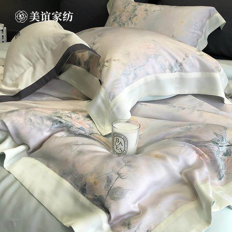 田园风冷凝丝天丝四件套数码印花裸睡夏季冰丝细旦丝床单床上用品