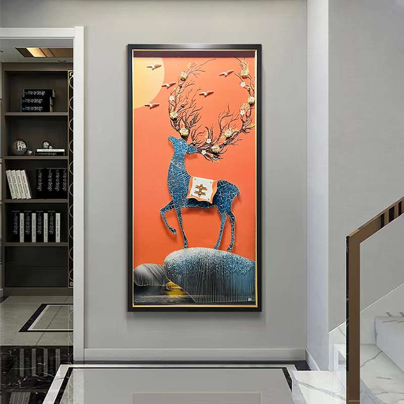 现代简约立体实物玄关装饰画走廊过道尽头高档壁画入户玄关鹿挂画图片