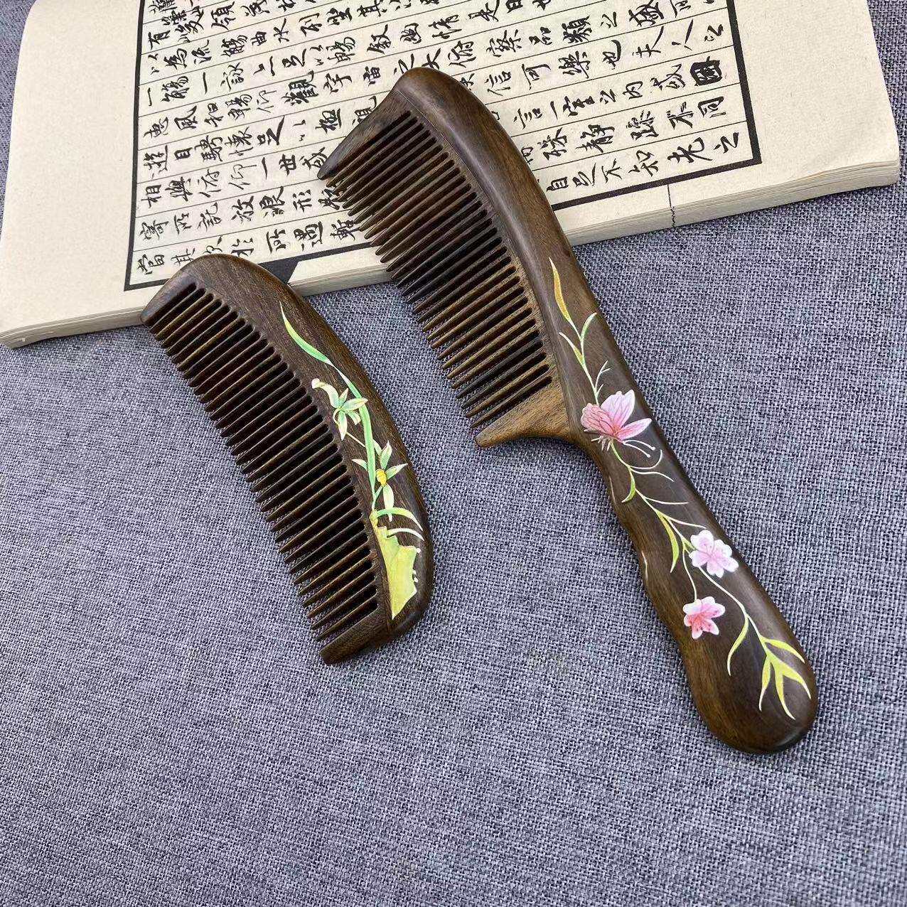 檀木梳手工彩绘图案漆艺工艺梳密齿古风镶齿梳子