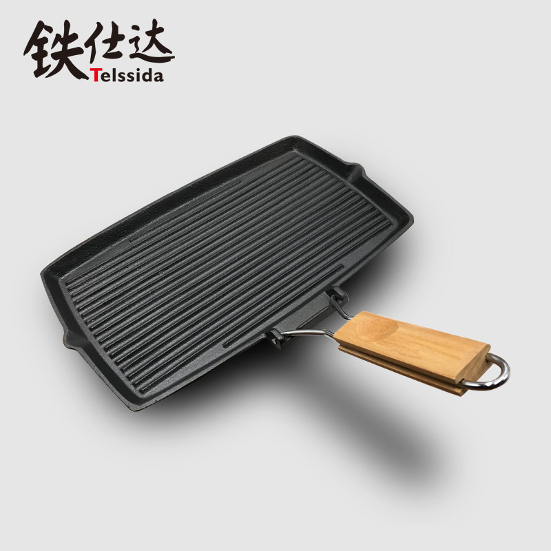 长方形加厚铸铁煎锅牛排锅烤肉锅无涂层不粘锅条纹U煎锅横纹煎鱼