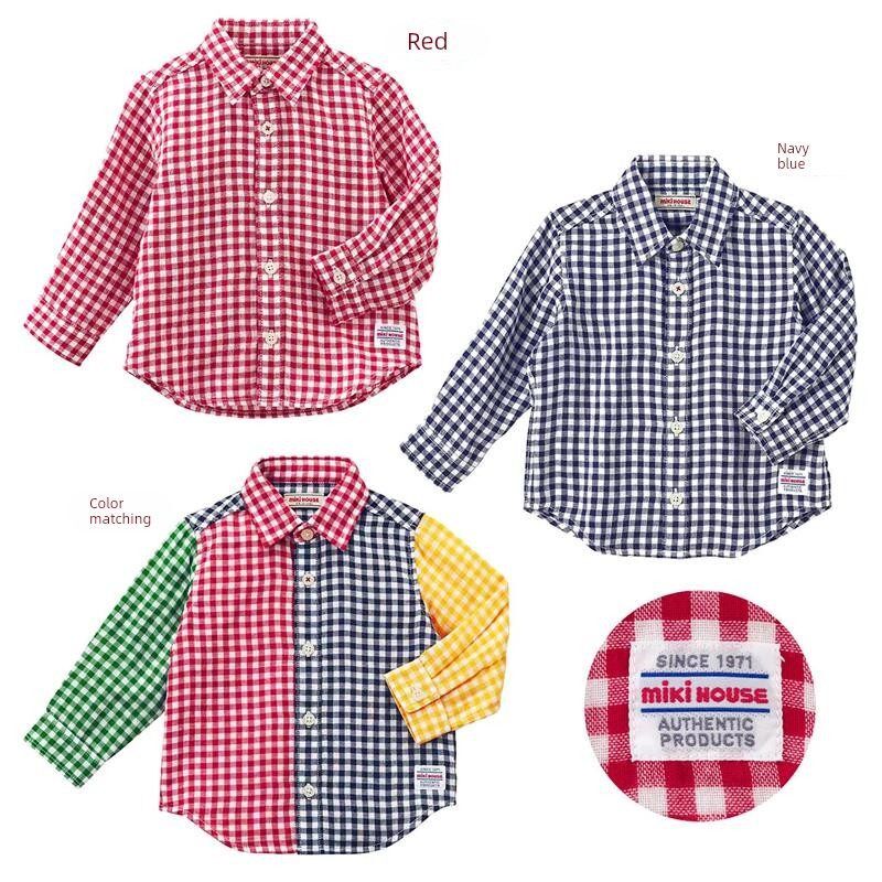 miki春夏款男女儿o童宝宝内搭外穿双层纱布全棉格子长袖衬衫透气