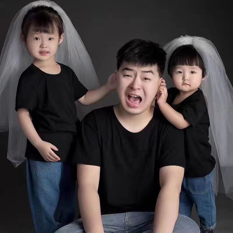 摄影亲子装网红款 全家福一家4口拍摄服装道具 拍照头纱黑白色T恤