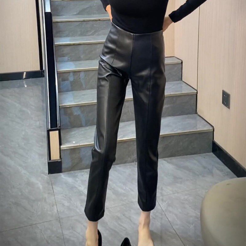 通勤风黑色紧身皮裤女2025秋季新款高级感时髦显瘦百搭Z九分烟管