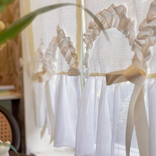 清新奶油色分片式门帘甜美风浪漫小窗帘透光不透人半帘隔断免打孔