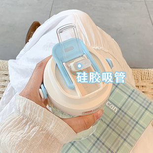 简约水杯女生高颜值带吸管玻璃杯透明夏季办公室便携双饮咖啡杯子