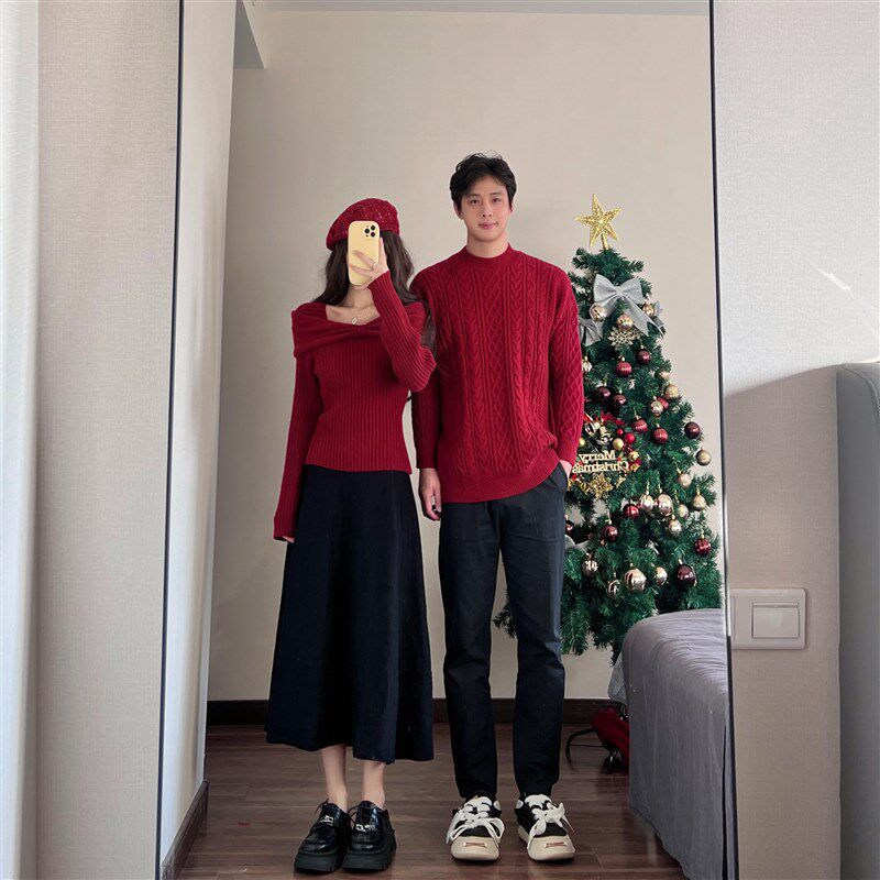 回门新年情侣装秋冬季红色毛衣本命年领证订婚一裙一衣高级感套装