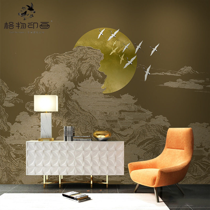 现代中式意境仙雾蓬o莱电视沙发背景墙壁布办公书房定制大型壁画