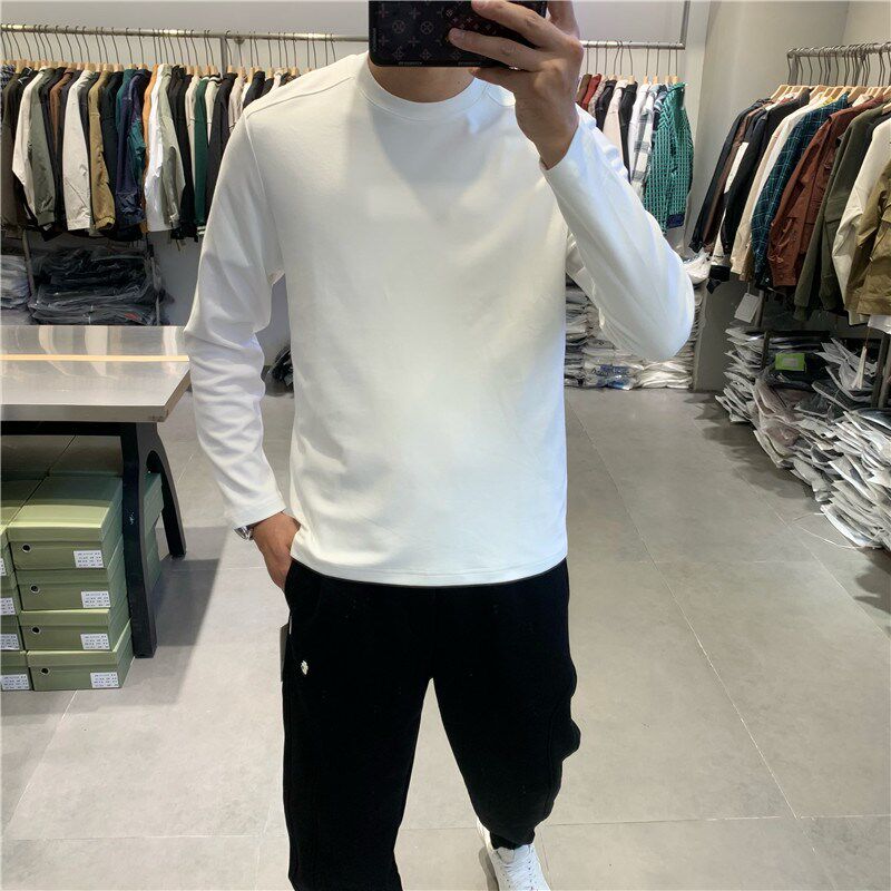 秋冬男士高级感韩版亲肤纯色白色打底衫潮流时尚宽松垂感长袖T恤