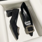 气质黑色b尖头高跟鞋 水钻单 绒面软皮粗跟法式 女2024年秋冬季 新款