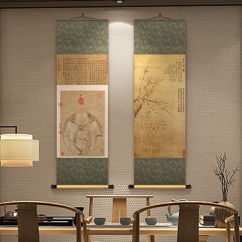 恽寿平梅兰花国画竖版新中式丝绸卷轴挂画书房茶室装饰画玄关墙画