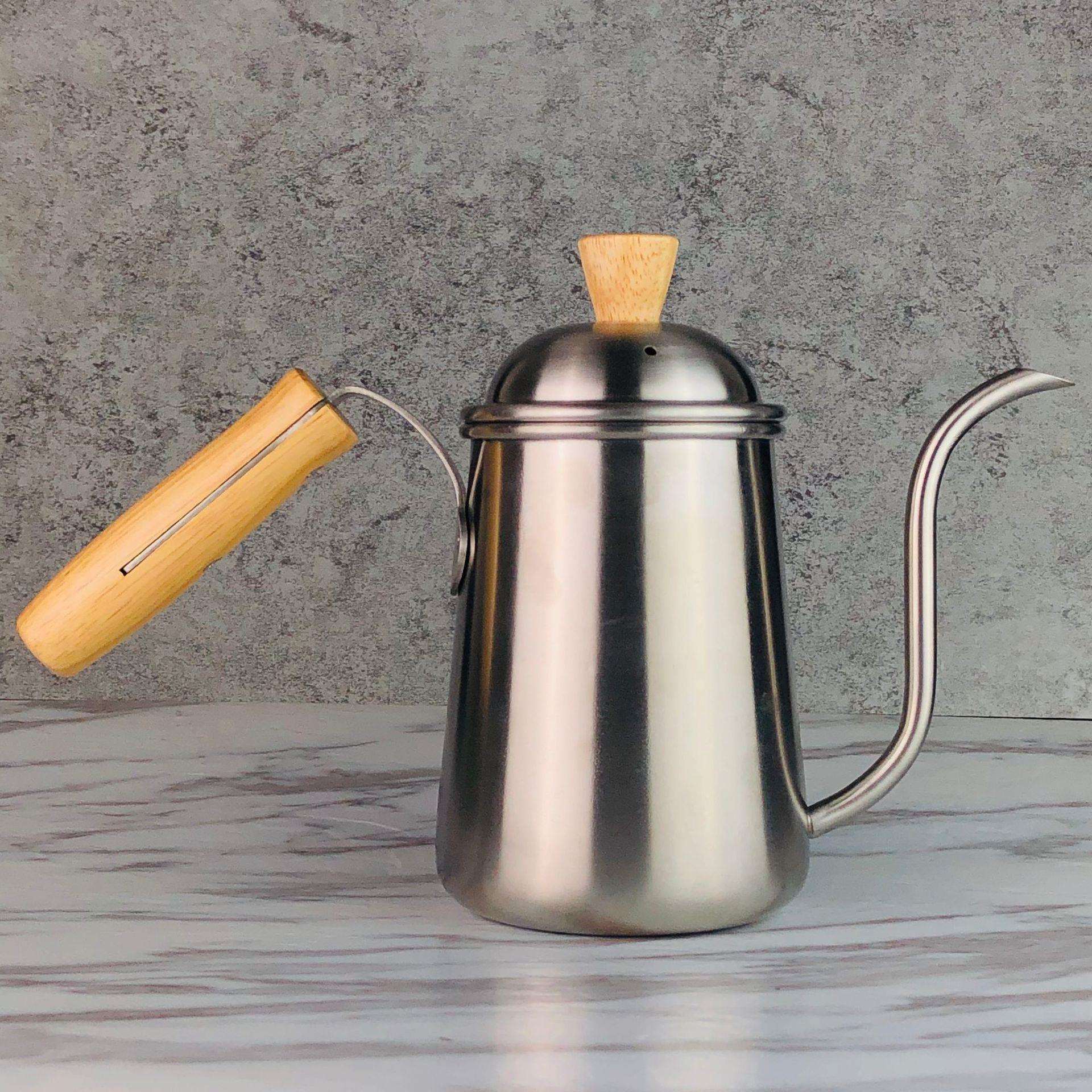 304不锈钢 带盖挂耳手冲细口壶 不锈钢滴漏木柄手冲壶