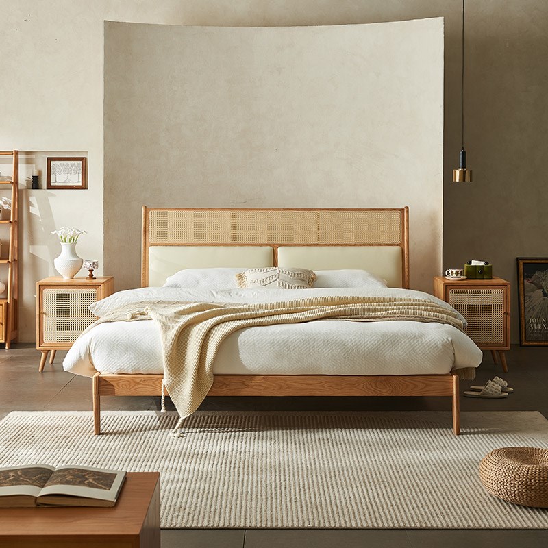 藤编匠师日式全实木k藤编床现代简约1.8米大床1.5米主卧藤编双人