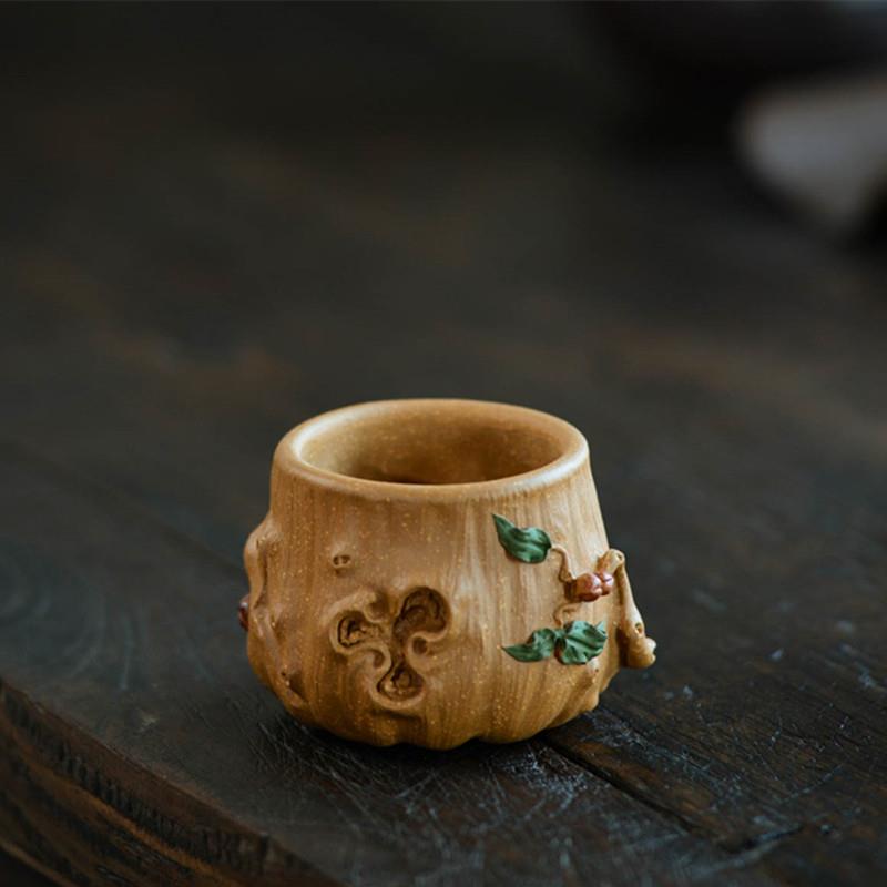 宜兴紫砂杯手工梅桩树桩品茗杯主人杯子贴花叶寿桃单杯茶碗茶具