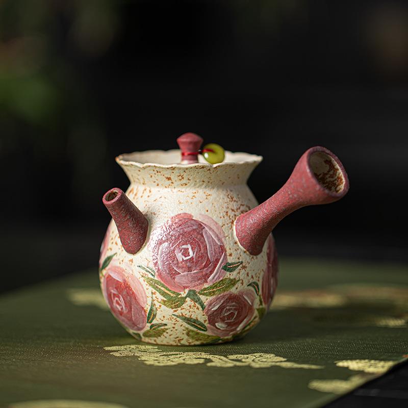 手绘青花火石红玫瑰花茶壶家用陶瓷侧把壶中式复古手工泡茶器