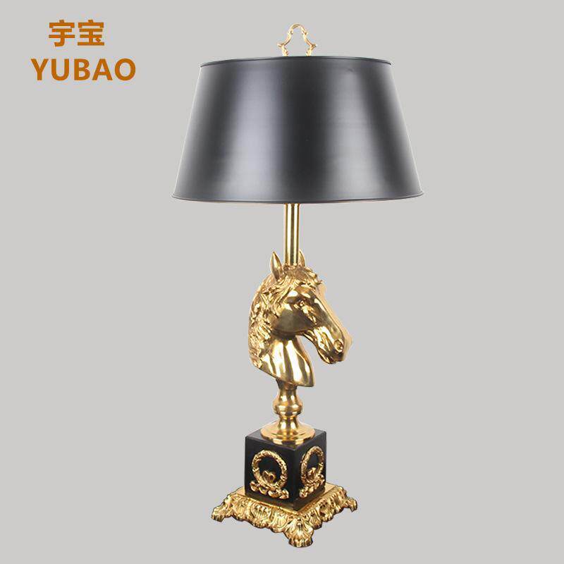 全铜台灯马头复古室内客厅卧室书房铜灯罩个性大理石台灯