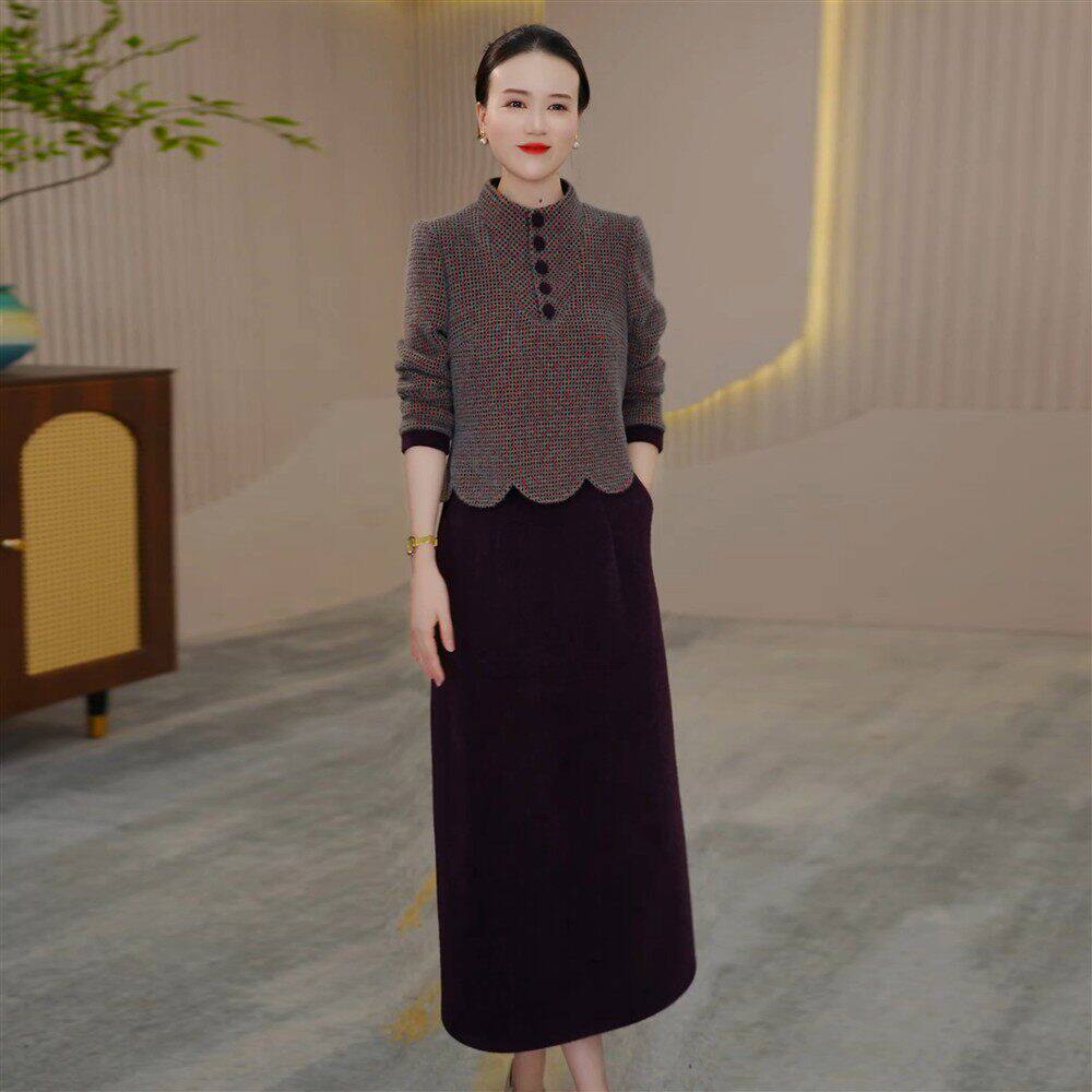 立领长袖格纹加厚假两件连衣裙女2026秋季新款妈妈显瘦减龄中长裙