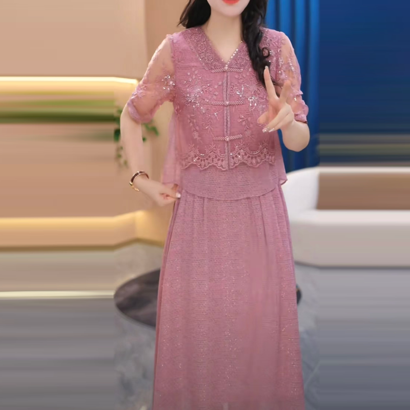 a粉色字蕾丝装中宽松妈妈瘦女长款两件2026新款裙显夏季假连衣裙