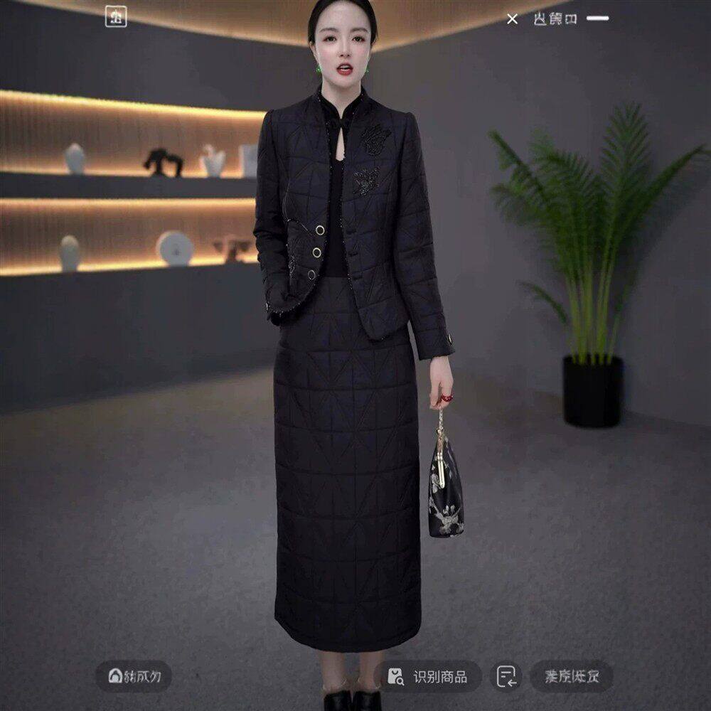 加棉大码两件套连衣裙女2026年冬季新款修身气质时尚优雅过膝裙子