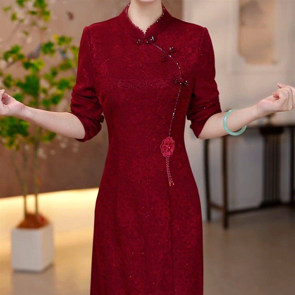 新中式气质旗袍复古立领连衣裙2026秋季新款喜婆婆婚宴中长款裙子
