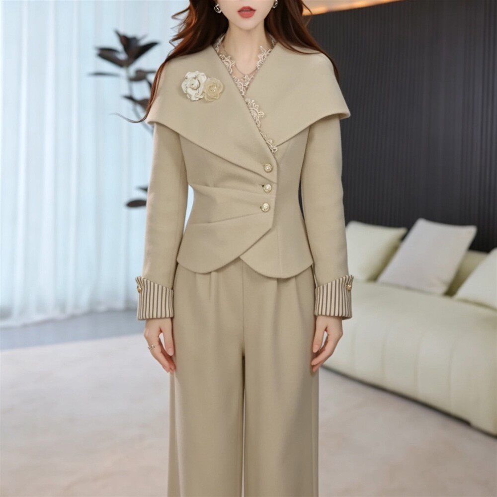 高级感蕾丝拼接上衣裤子两件套2026秋季新款收腰显瘦通勤时尚套装