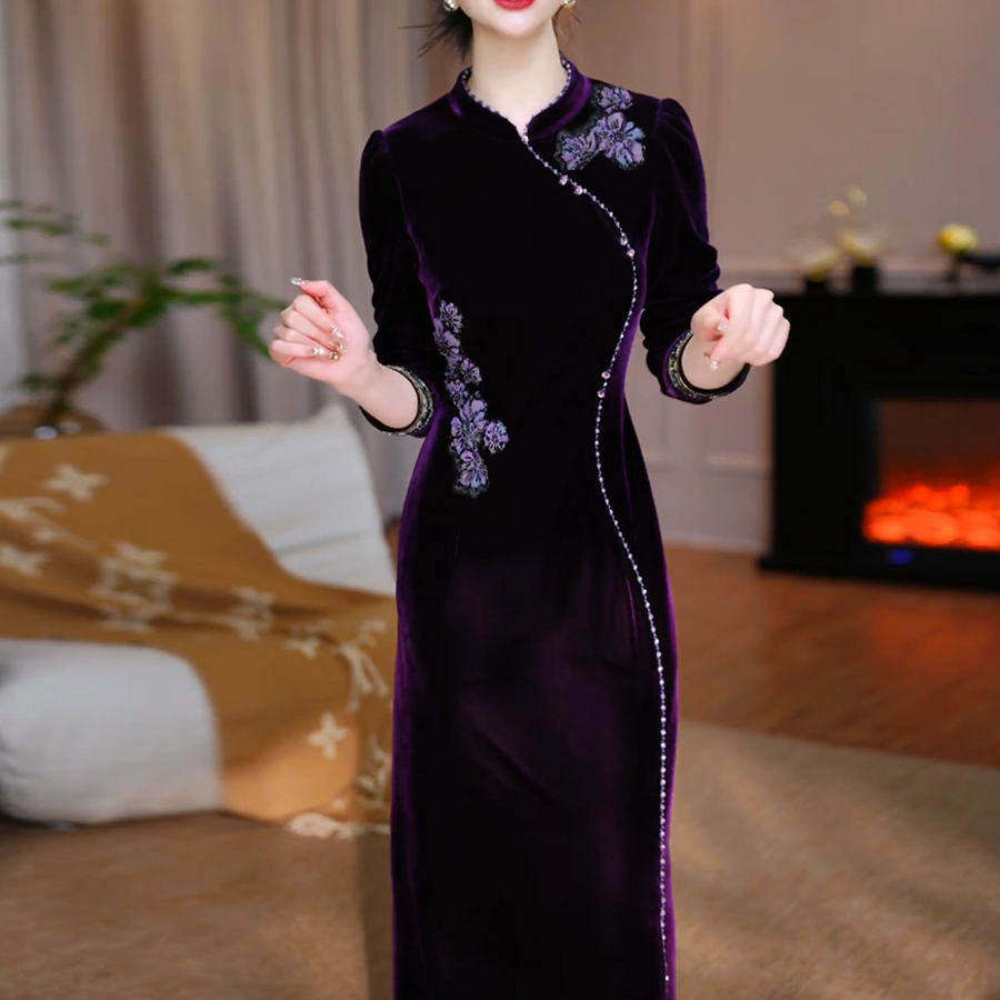 改良旗袍长袖连衣裙女秋季2026新款轻奢高级感妈妈装显瘦气质裙子