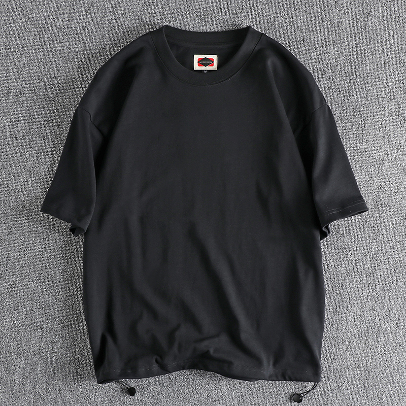 下摆抽绳设计 简约复古纯色水洗全棉短袖男T恤宽松潮流咔叽半袖