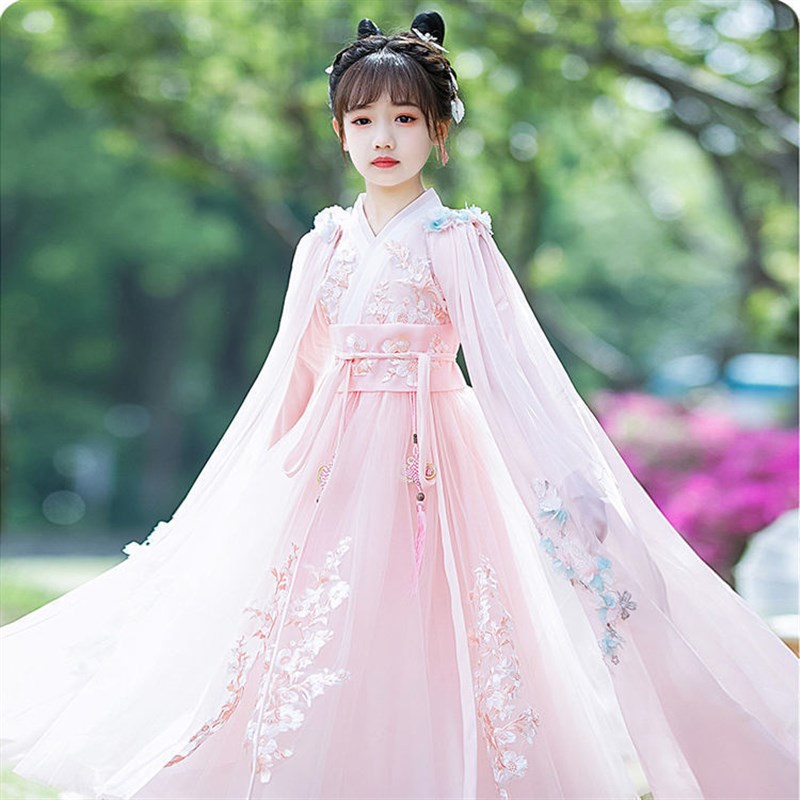 2023新款汉服女童古装超仙薄款粉色连衣裙襦裙春秋儿童中国风唐装