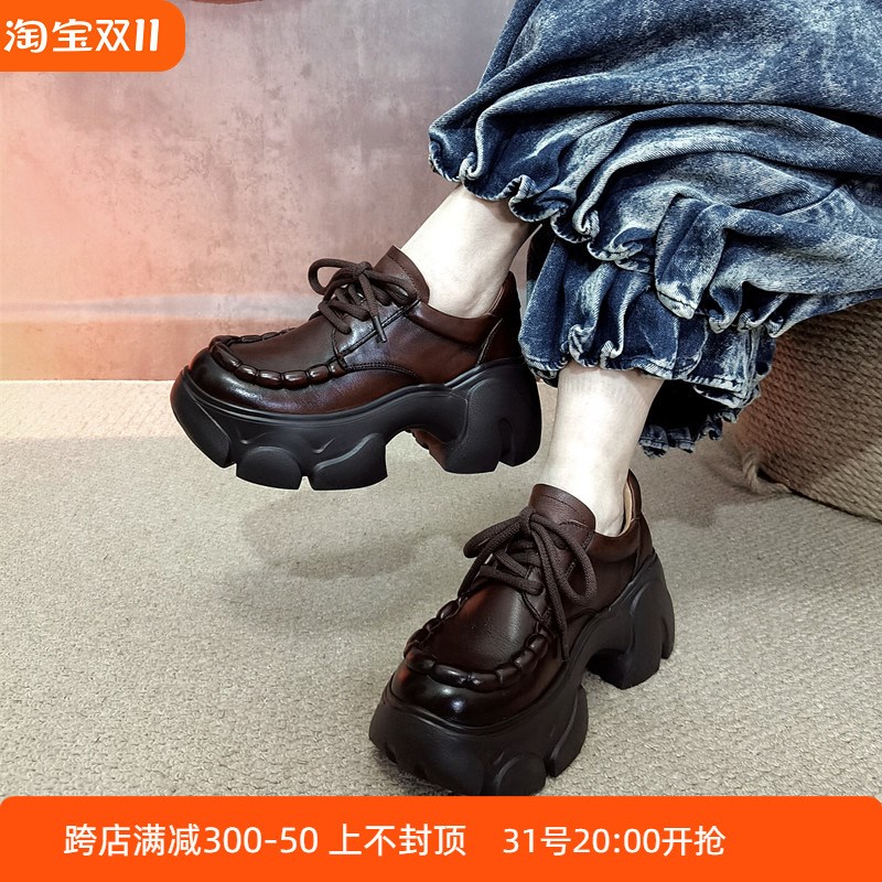 高端手工真皮女鞋2024春夏新款复古厚底粗跟圆头单鞋系带松糕凉鞋