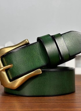 男士皮带女士腰带头层牛皮绿色蓝色牛仔裤带黄铜扣2024新款休闲潮