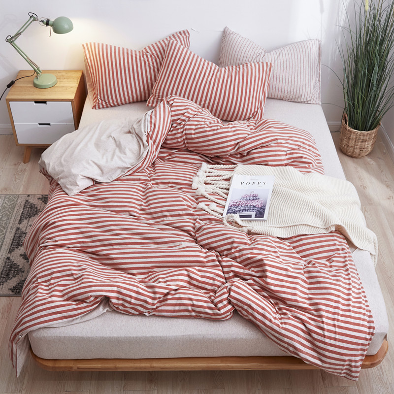 日式裸睡全棉天竺棉四件套针织纯棉条纹被套纯色床笠床单床上用品