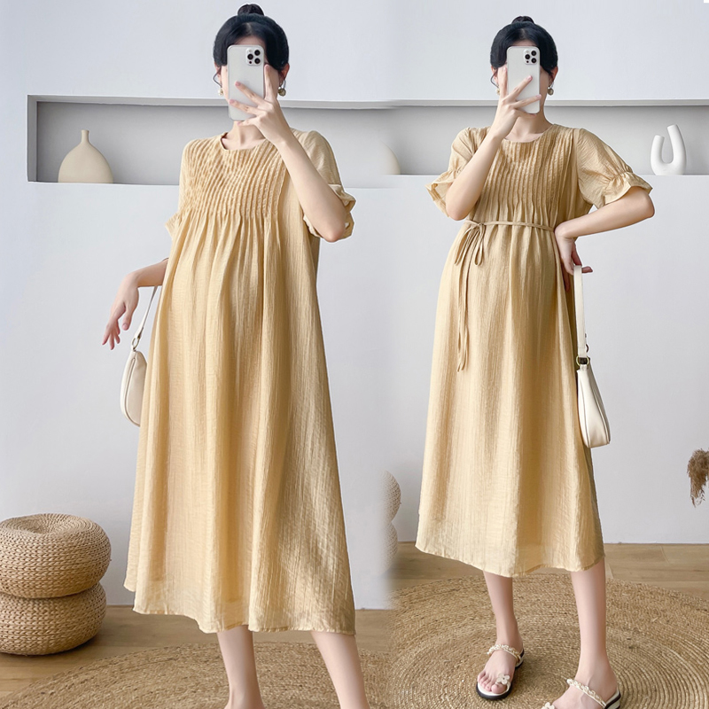 孕妇装夏天裙子中长款时尚设计感宽松过膝圆领长裙洋气短袖连衣裙