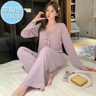 带胸垫双面德绒睡衣女秋冬胖mm大码200斤甜美学生宽松网红家居服