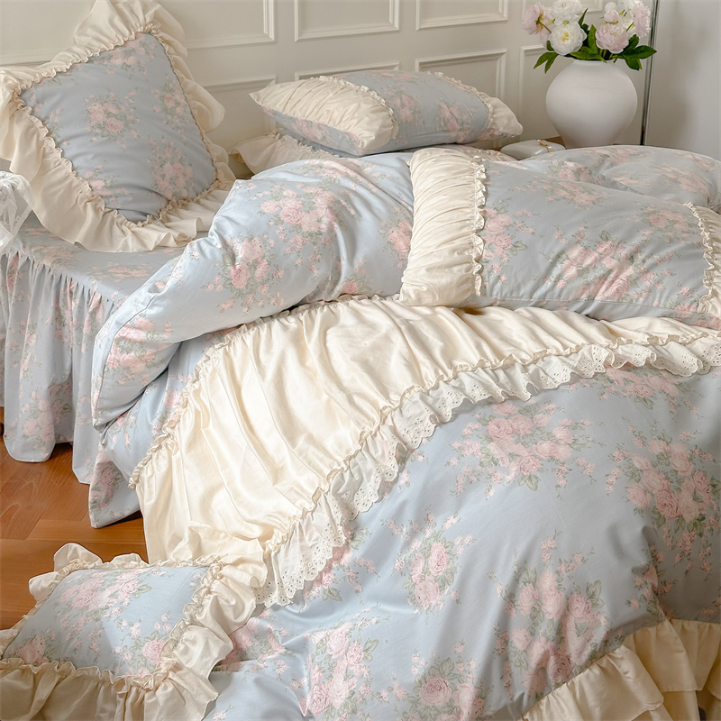 2024新款法式公主风床裙款全棉床品四件套纯棉床罩床单花边被套